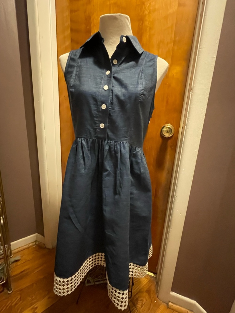 Studio One Navy Sleeveless Button-Front Dress with Eyelet Hem